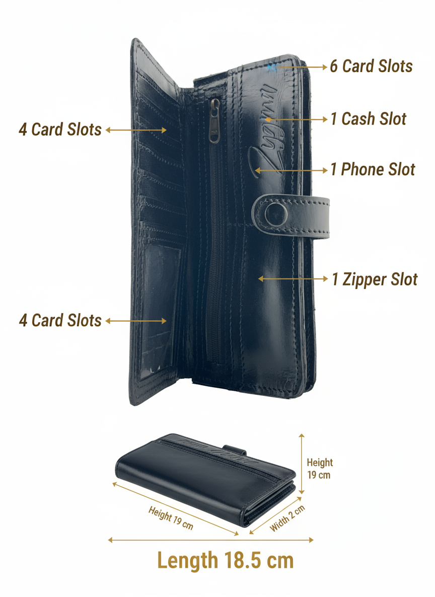 Zygma Handmade Genuine Leather Card Wallet – Black | 11 Card Slots, Zippered Coin & Cash Holder, Phone Storage Compartment – Stylish Men & Women Wallet