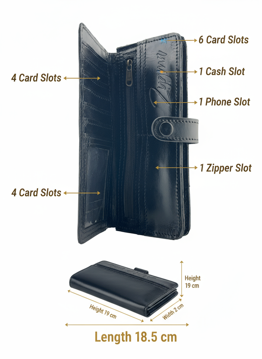 Zygma Handmade Genuine Leather Card Wallet – Black | 11 Card Slots, Zippered Coin & Cash Holder, Phone Storage Compartment – Stylish Men & Women Wallet