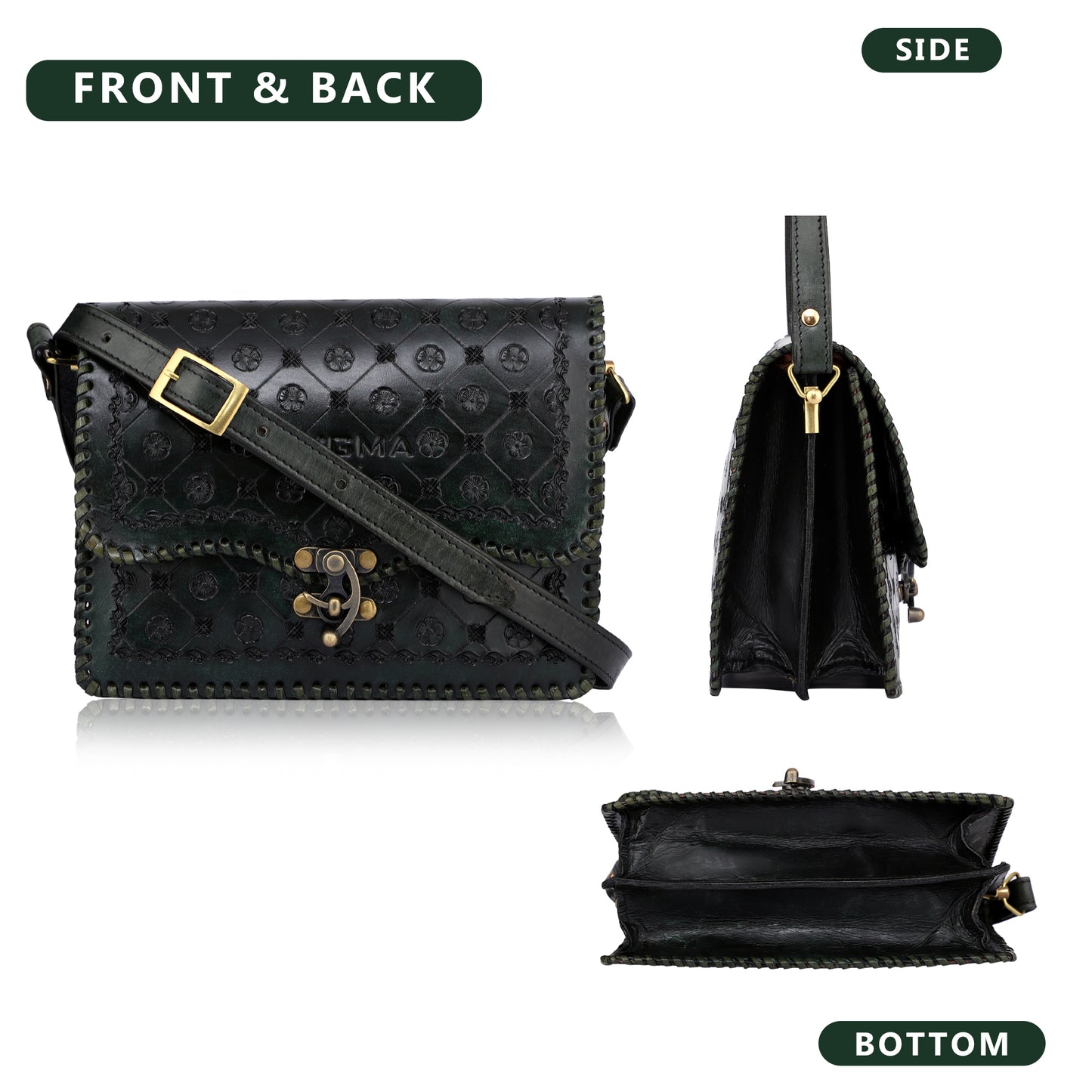 ZYGMA Embossed Leather Crossbody Sling Bag for Women-Green