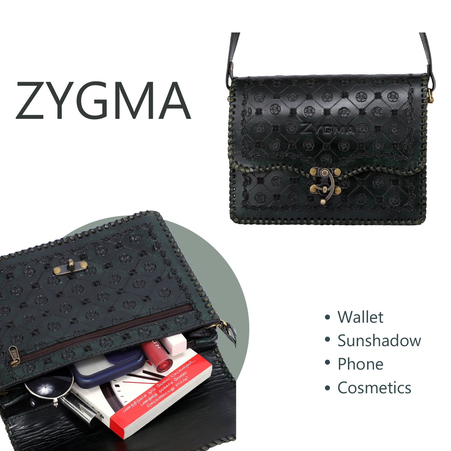 ZYGMA Embossed Leather Crossbody Sling Bag for Women-Green