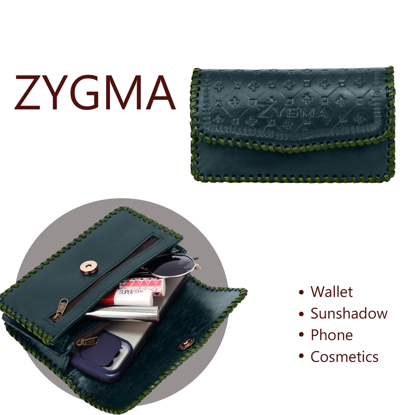 Pochette en cuir véritable faite main Zygma® pour femme, portefeuille pour femme