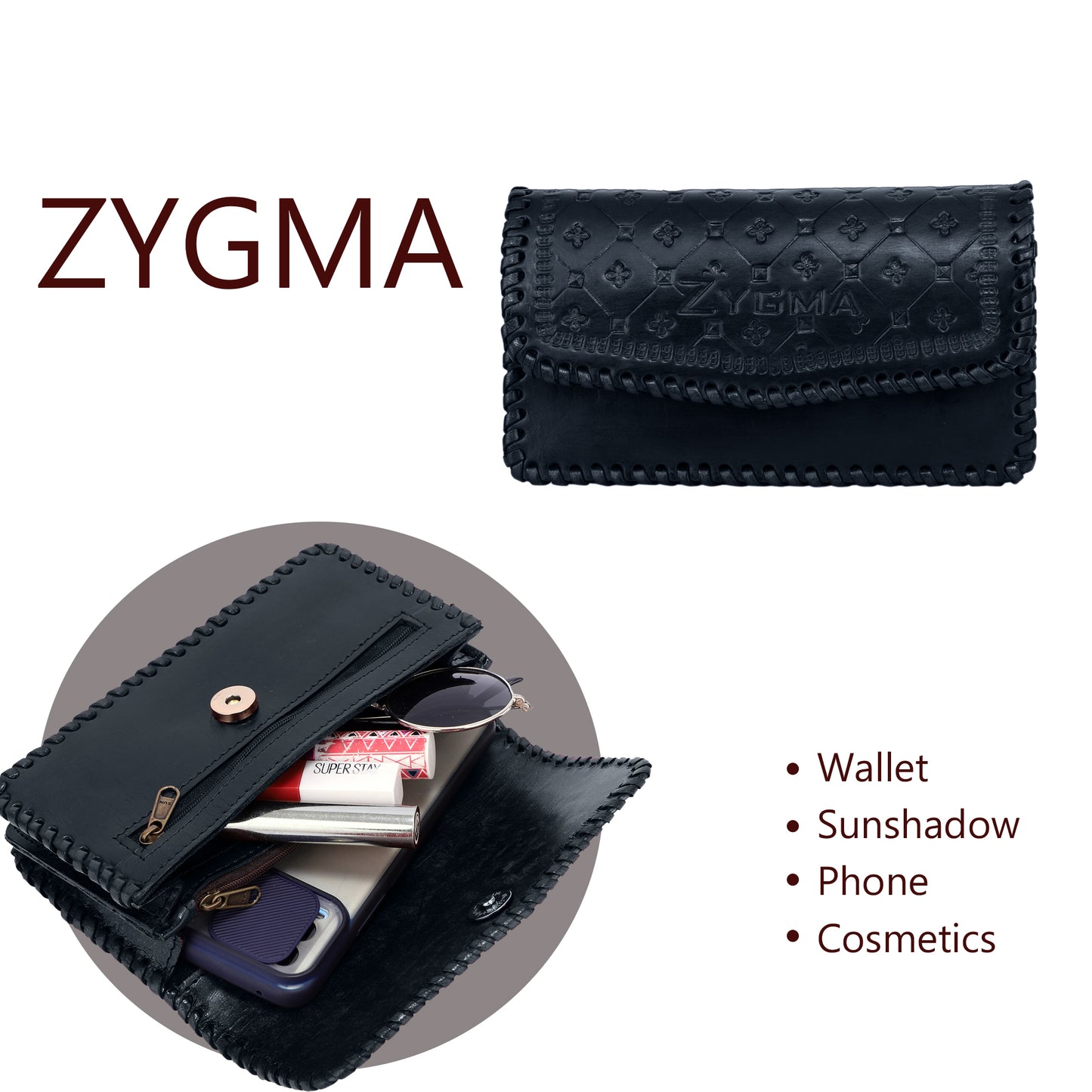 Zygma® Handmade Genuine Leather Clutch Purse for Women, Wallet For Women (Black)