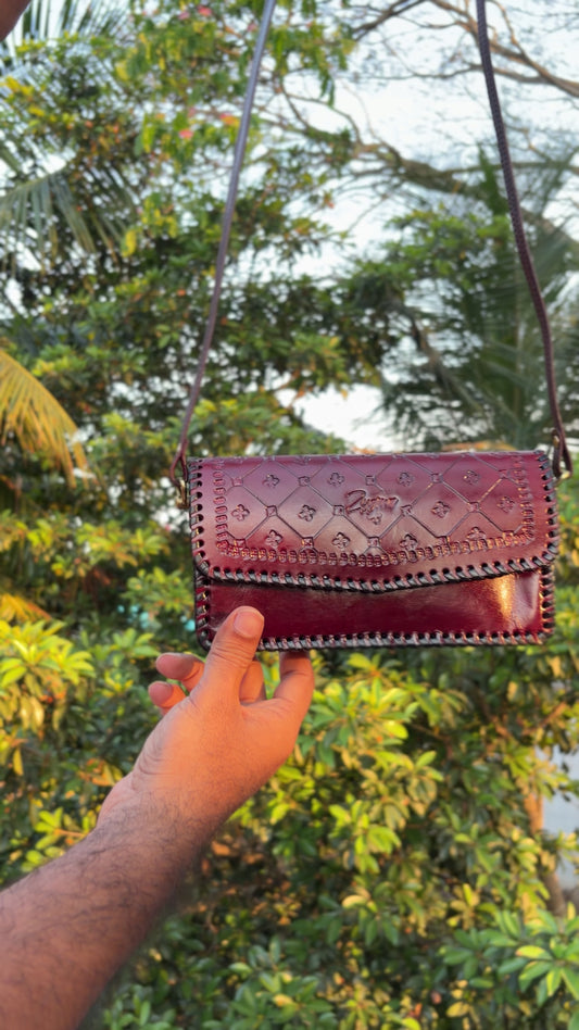 ZYGMA Handmade Genuine Leather Sling Bag for Women | Clover Diamond Embossed | Whipstitch Crossbody | Red, Tan Brown & Burgundy Wine | Gold Hardware | Artisan Made in India