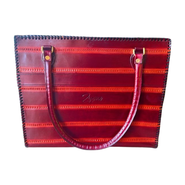 zygma Genuine Leather office Tote bag, brown Striped Pattern, women office bag Double Handle Tote with Black Stitched Border