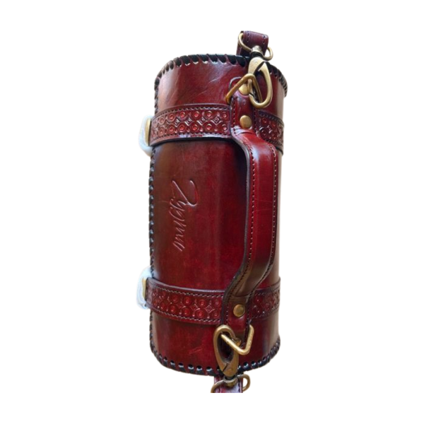 zygma Cylindrical Leather Sling Bag, Vintage Style Barrel Purse with Decorative Stitching, Burgundy