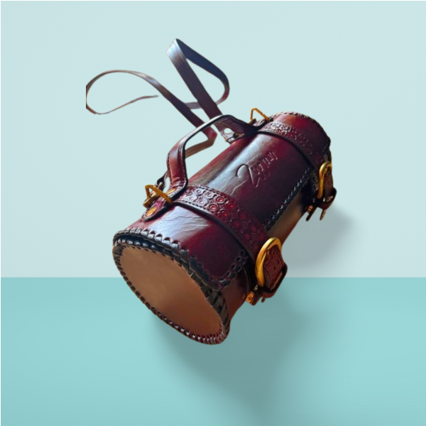 zygma Cylindrical Leather Sling Bag, Vintage Style Barrel Purse with Decorative Stitching, Burgundy