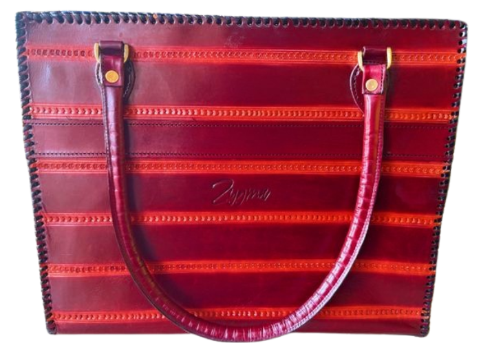 zygma Genuine Leather office Tote bag, brown Striped Pattern, women office bag Double Handle Tote with Black Stitched Border