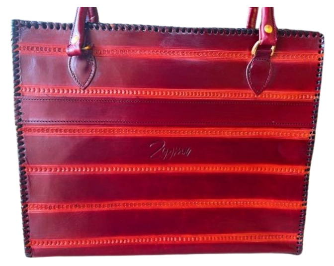 zygma Genuine Leather office Tote bag, brown Striped Pattern, women office bag Double Handle Tote with Black Stitched Border