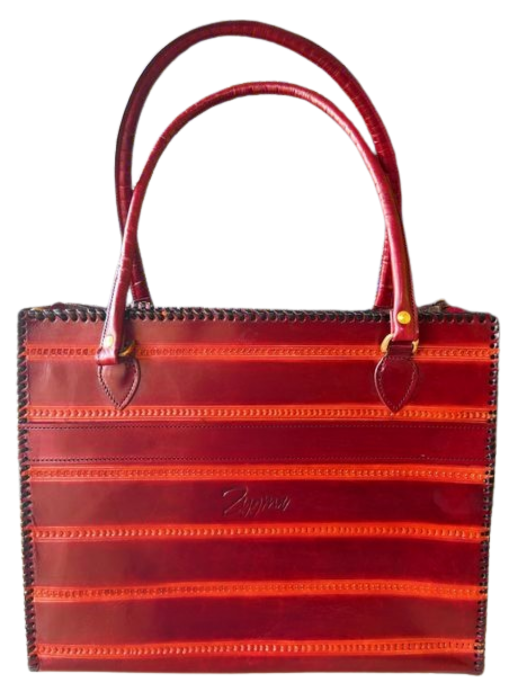 zygma Genuine Leather office Tote bag, brown Striped Pattern, women office bag Double Handle Tote with Black Stitched Border