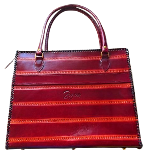 zygma Genuine Leather office Tote bag, brown Striped Pattern, women office bag Double Handle Tote with Black Stitched Border