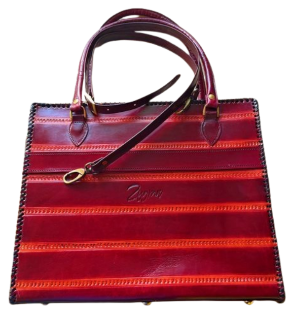 zygma Genuine Leather office Tote bag, brown Striped Pattern, women office bag Double Handle Tote with Black Stitched Border