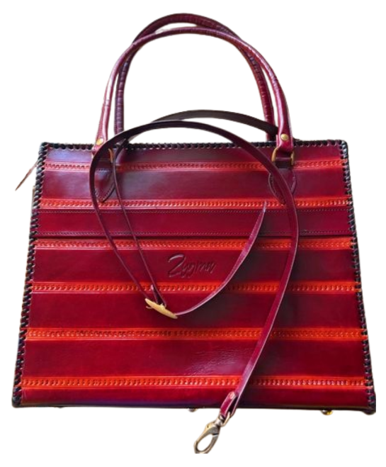 zygma Genuine Leather office Tote bag, brown Striped Pattern, women office bag Double Handle Tote with Black Stitched Border