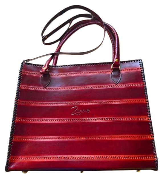 zygma Genuine Leather office Tote bag, brown Striped Pattern, women office bag Double Handle Tote with Black Stitched Border