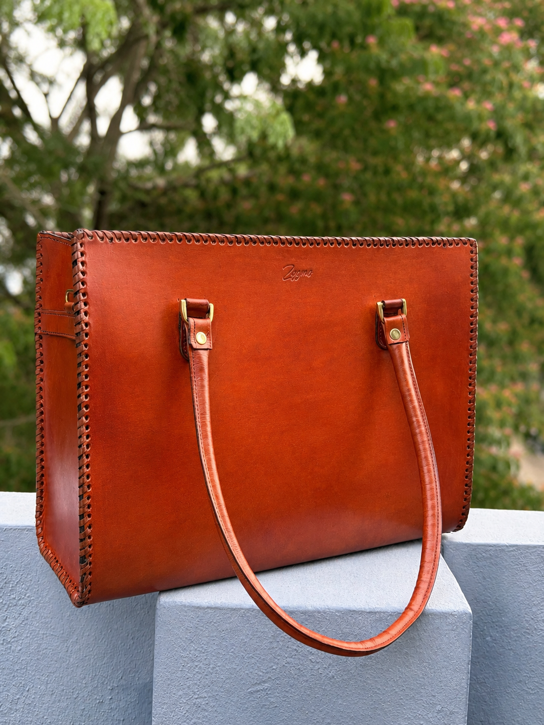 Zygma 14-Inch Leather Laptop Bag for Women | Handmade Tote-Tan